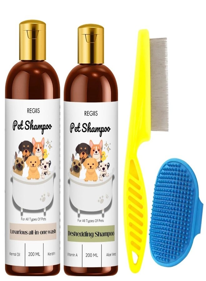 REGIIS Pet Shampoo Set, Luxurious All-in-One Wash and Deshedding Formula for All Types of Pets, 200 ML, with Grooming Brush and Flea Comb, 4 Piece Kit - Image 1